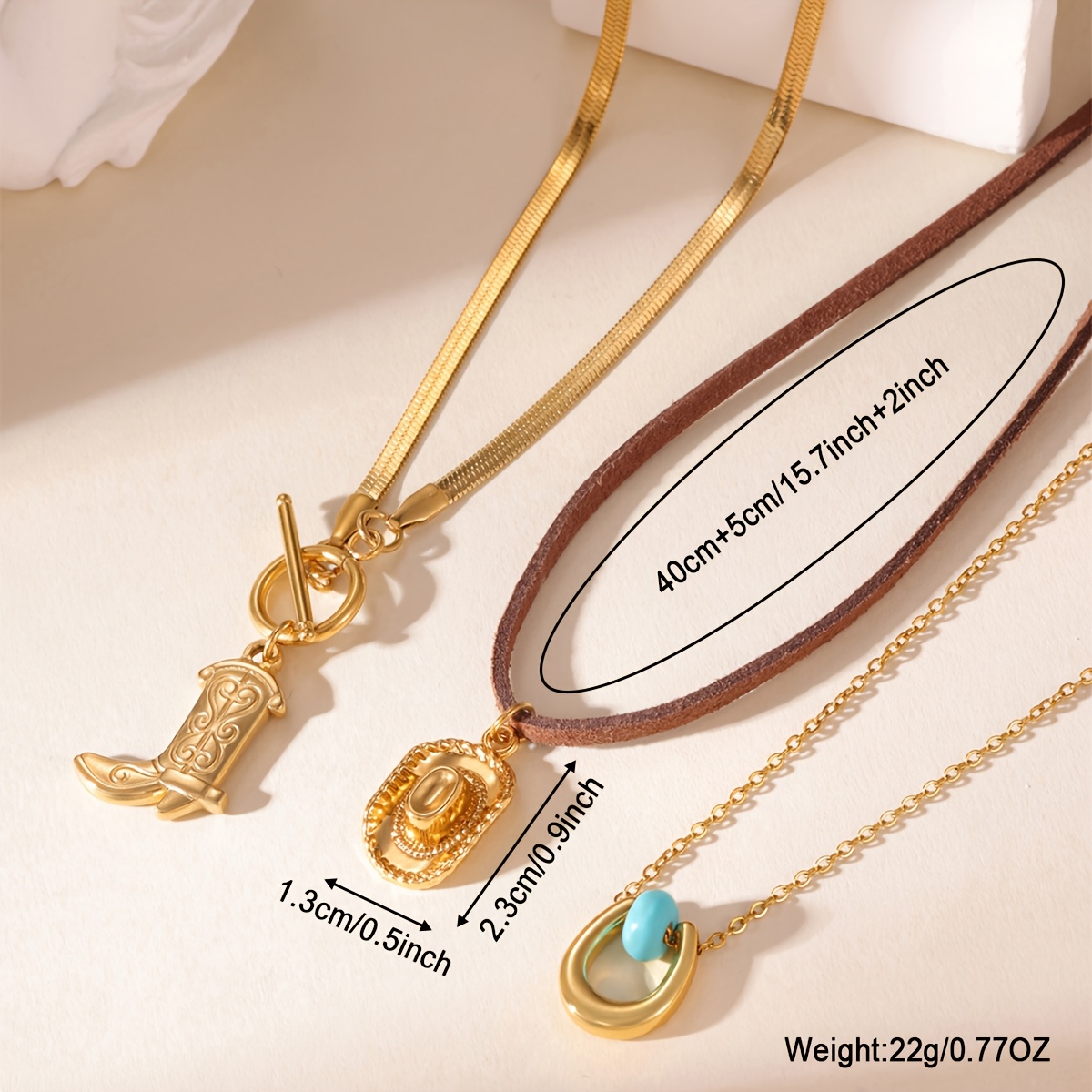 3pcs Set of 18K Plated Cowboy Hat and Boot Pendant Necklace